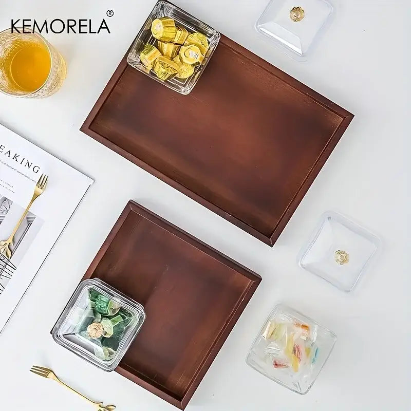 Brown bamboo wooden rectangular tea tray with smooth distressed finish and raised edges for dining room use