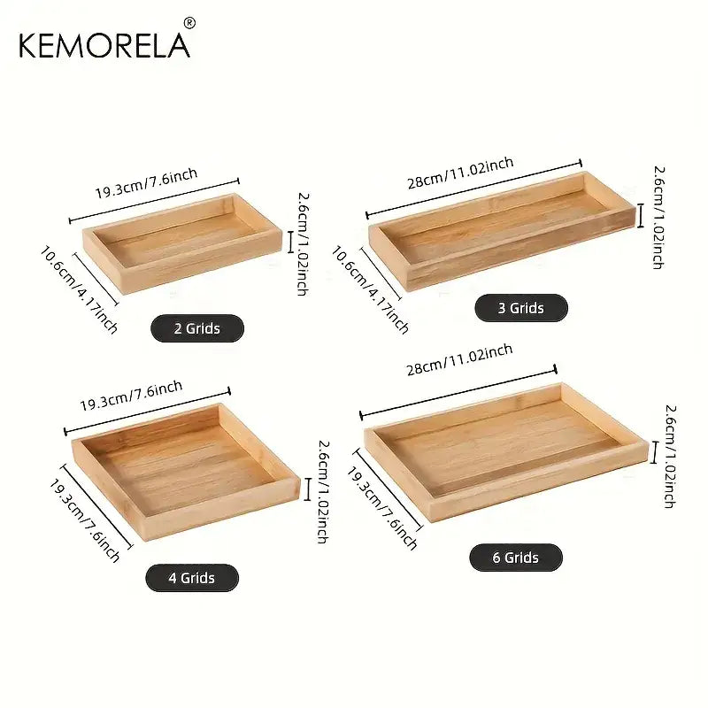 Set of four bamboo wooden rectangular tea tray organizers in natural wood tones with grid patterns for dining room use