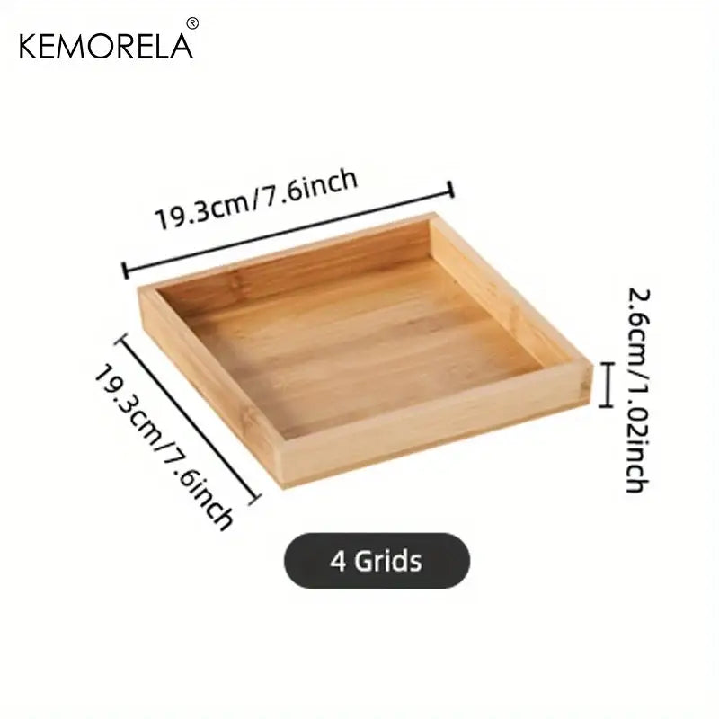 Light brown bamboo wooden rectangular tea tray with four grid compartments for dining room use
