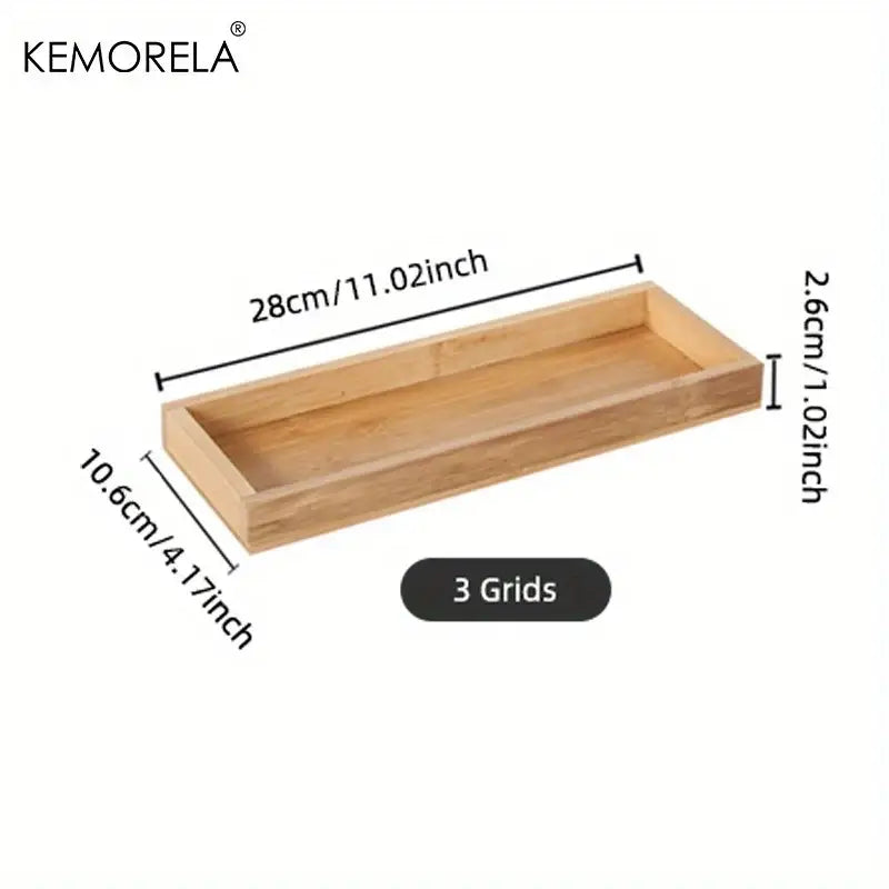 Natural bamboo wooden rectangular tea tray in light brown with three internal grids for dining room use