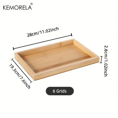 Light-colored bamboo wooden rectangular tea tray with six grid divisions ideal for dining room use