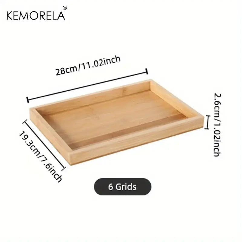 Light-colored bamboo wooden rectangular tea tray with six grid divisions ideal for dining room use