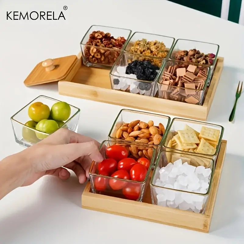 Set of six clear glass snack containers on bamboo wooden rectangular tea trays ideal for dining room use