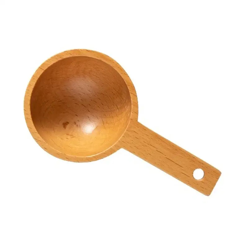 Light brown beech wood tablespoon coffee scoop with smooth rounded bowl and flat handle with hole in kitchen set of 5