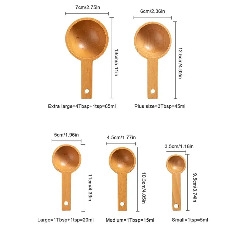 Set of five natural light brown beech wood tablespoons with holes for hanging coffee scoop kitchen spoons