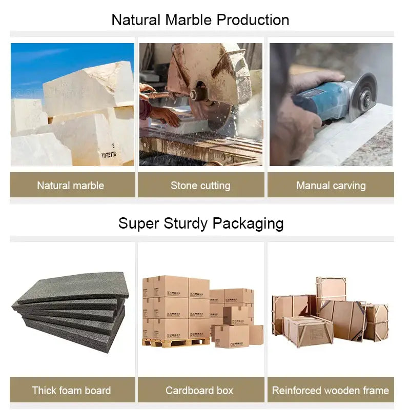 Collage showing natural marble production and super sturdy packaging for decorbites beige travertine incense burner sphere