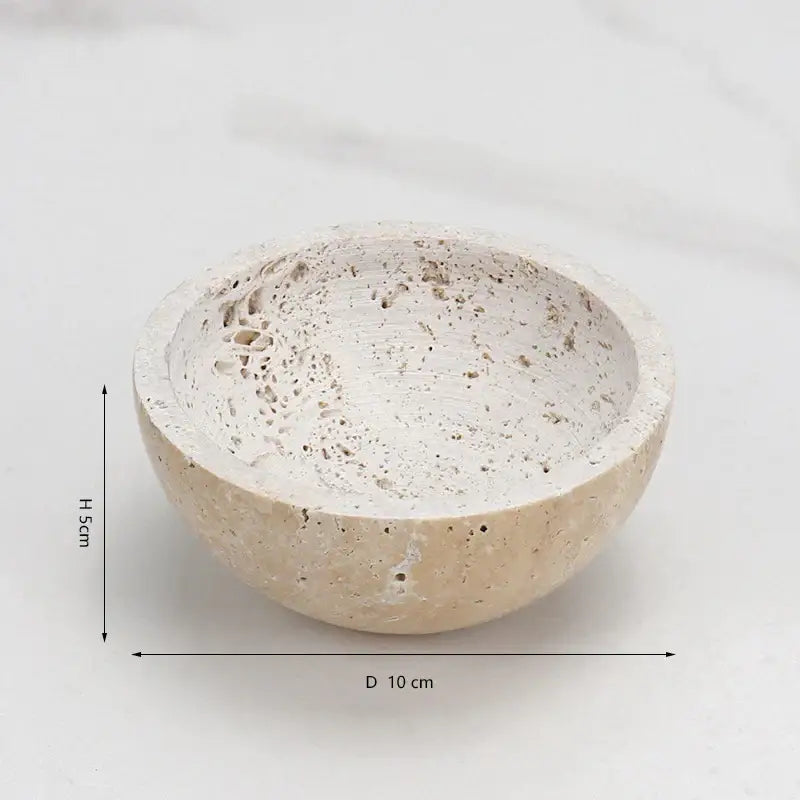 Beige travertine incense burner bowl with speckled textured porous interior and exterior for living room decor