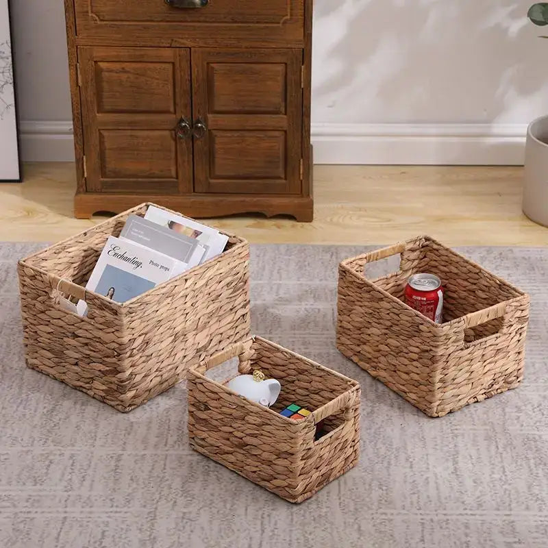 Set of three natural brown and gray woven rattan storage baskets with integrated handles for office organization by decorbites woven rattan