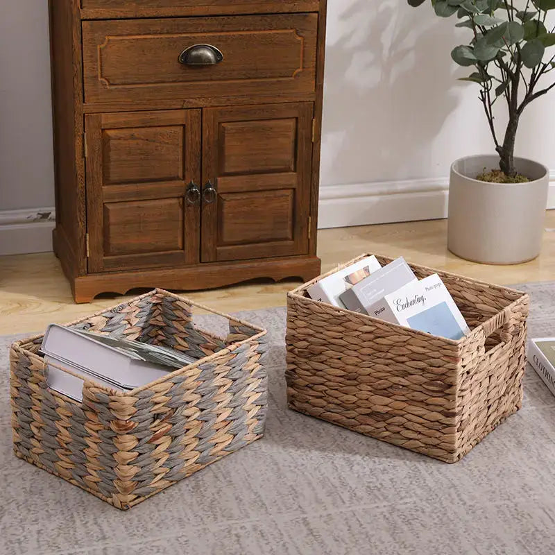Two woven rattan storage baskets in natural brown and gray striped and solid light brown for office organization by decorbites