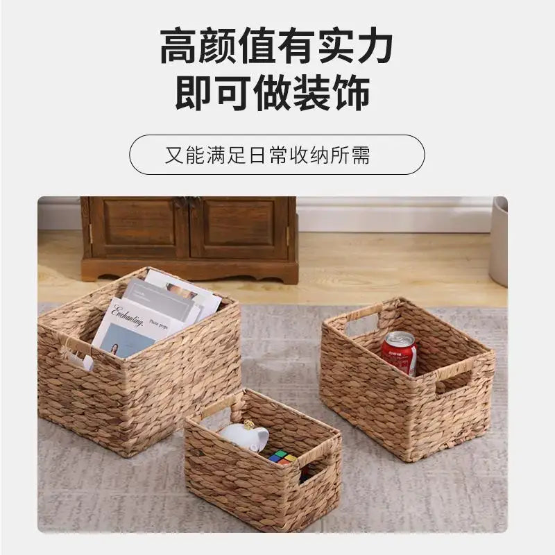 Set of three natural brown and gray woven rattan storage baskets with handles for office organization by decorbites