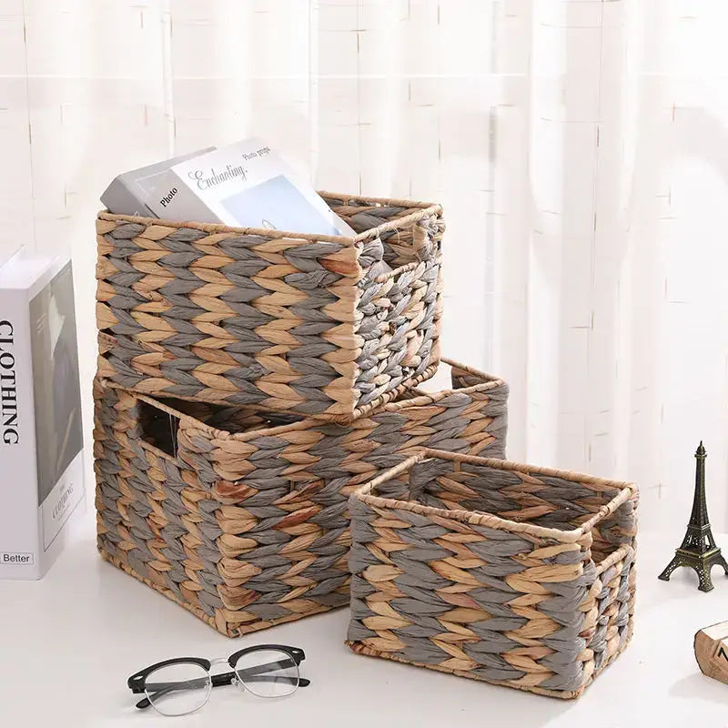 Set of three natural brown and gray decorbites woven rattan storage baskets with chevron pattern office organizer
