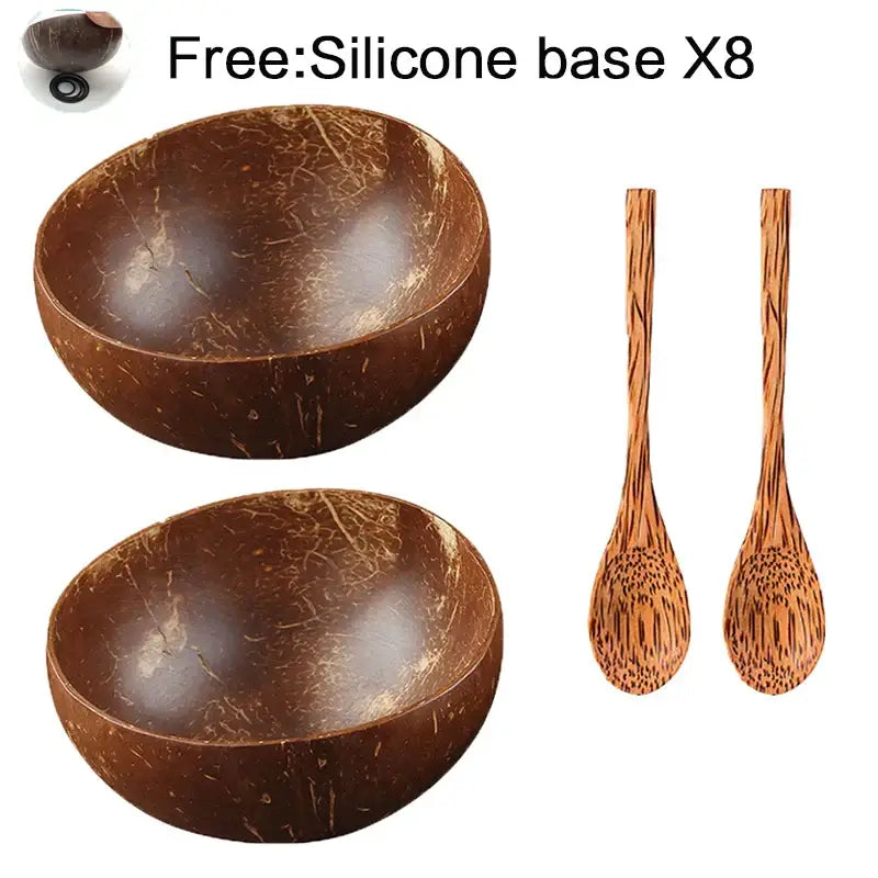 Set of two natural dark brown decorbites coconut bowl set with matching wooden spoons for handcrafted tableware
