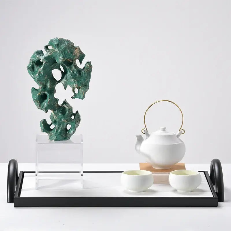 Natural green taihu stone coral sculpture with intricate carving and textured surface for living room decorbites decor