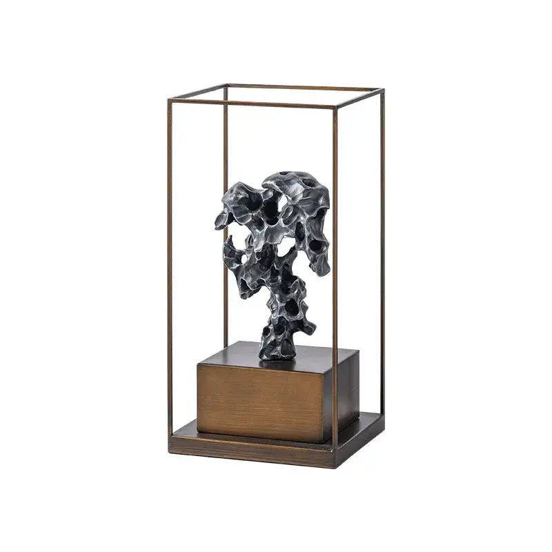 Dark textured metallic taihu stone coral sculpture in bronze-framed glass case on wooden base for living room decorbites green taihu