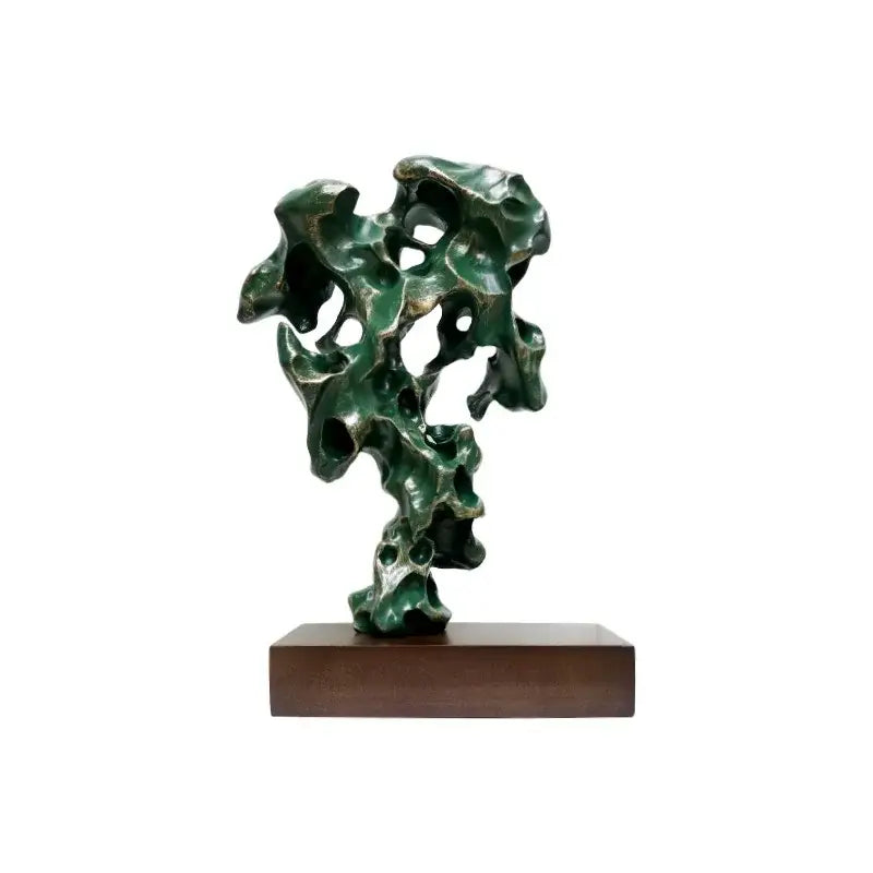 Green taihu stone coral sculpture decorbites living room decor with green patinated bronze on dark wood base