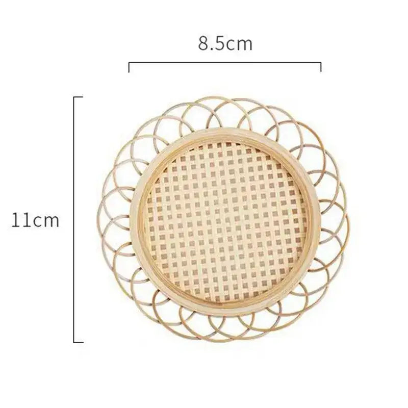 A round light beige bamboo woven storage basket set with decorative rim and central grid pattern for dining room