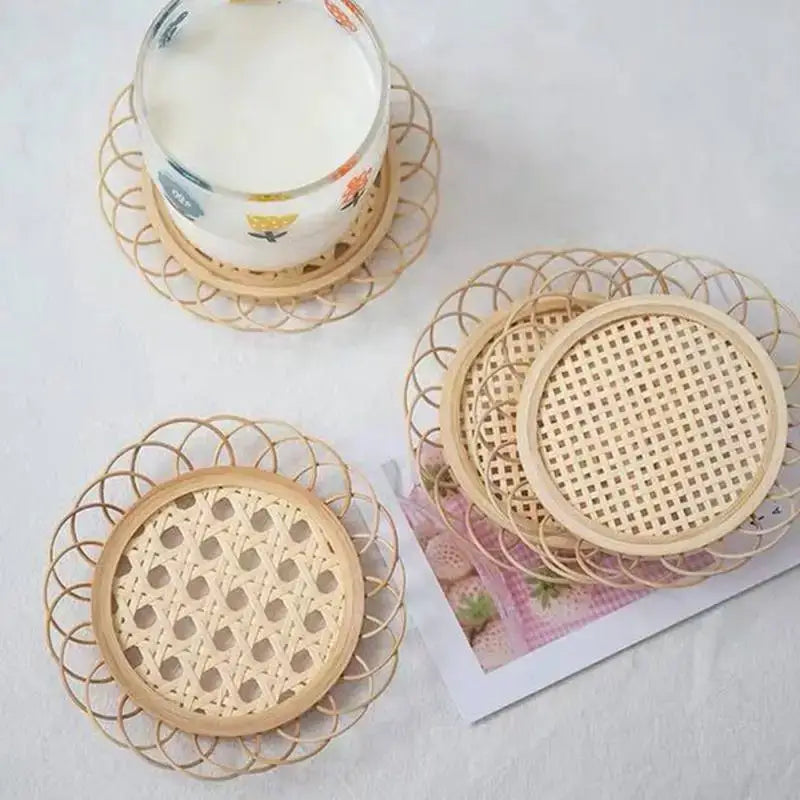 Natural lace bamboo woven coasters in light beige with delicate circular pattern included in storage basket set
