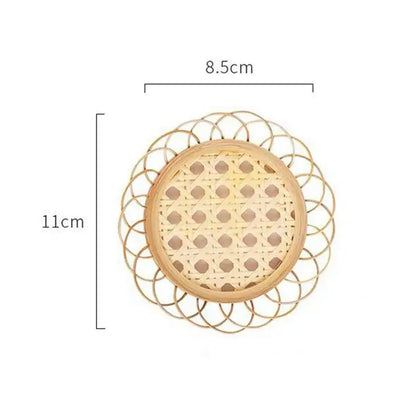 Natural lace bamboo woven coasters and storage basket set with diamond pattern and scalloped edge for dining room use