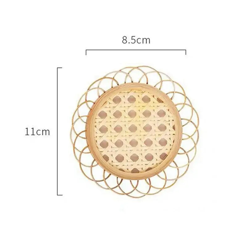 Natural lace bamboo woven coasters and storage basket set with diamond pattern and scalloped edge for dining room use