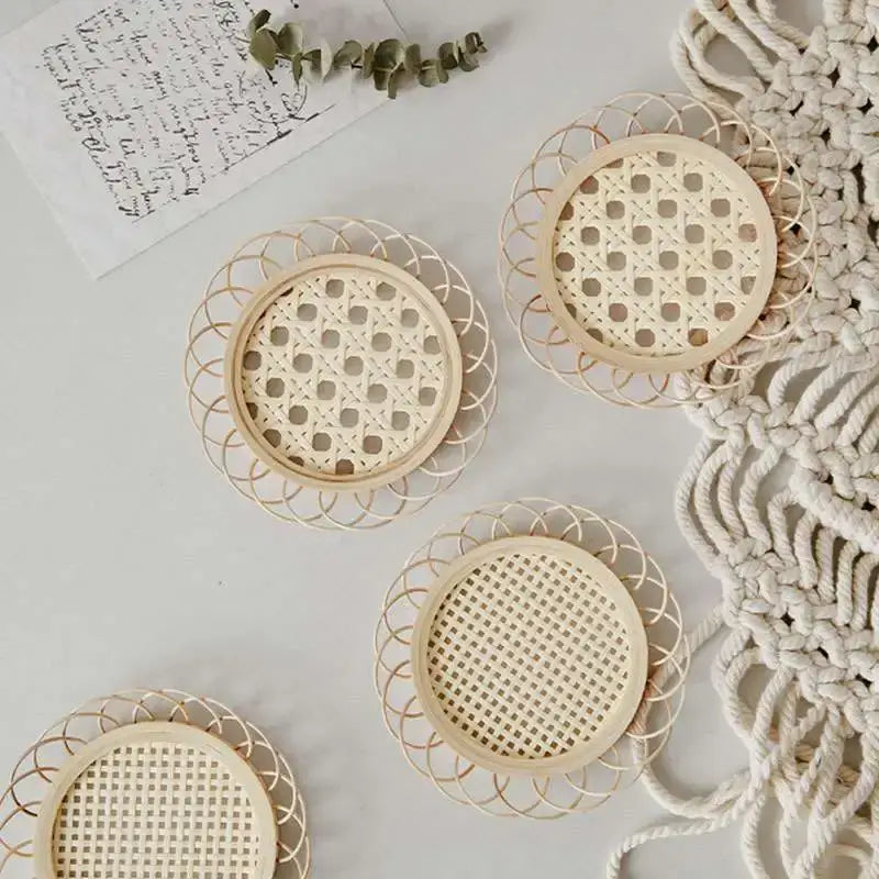 Beige bamboo woven coasters with circular lattice pattern and decorative rim in natural lace storage basket set