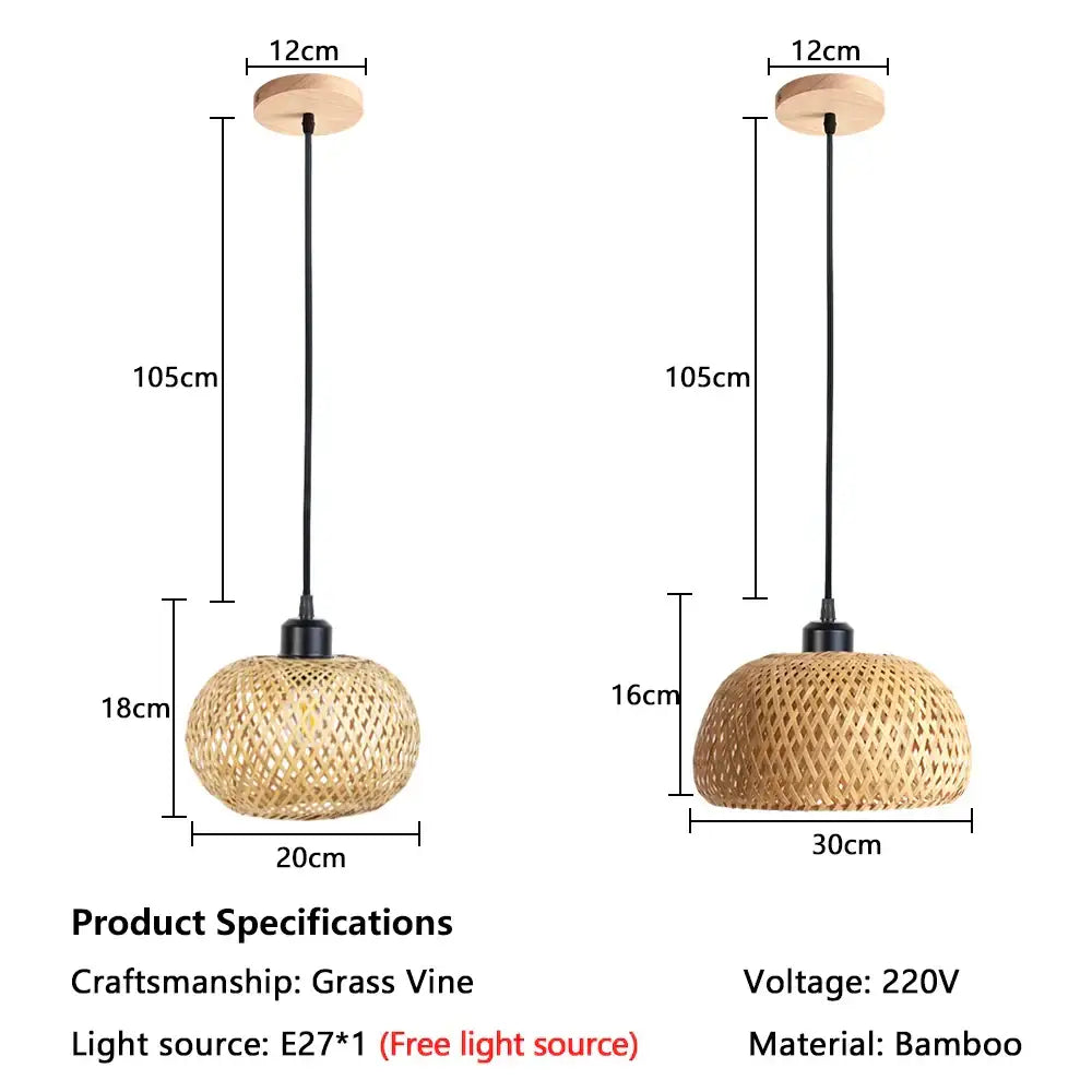 Two bamboo rattan pendant lights with woven grass vine shades 20cm and 30cm wide for dining room decorbites bamboo rattan