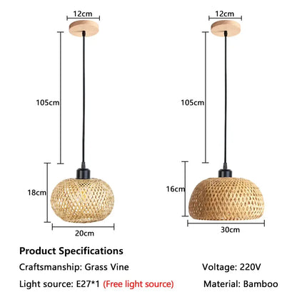 Two bamboo rattan pendant lights with woven grass vine shades 20cm and 30cm wide for dining room decorbites bamboo rattan
