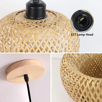 Natural lattice bamboo rattan pendant chandelier with black e27 lamp head and wooden ceiling plate for dining room decorbites bamboo rattan
