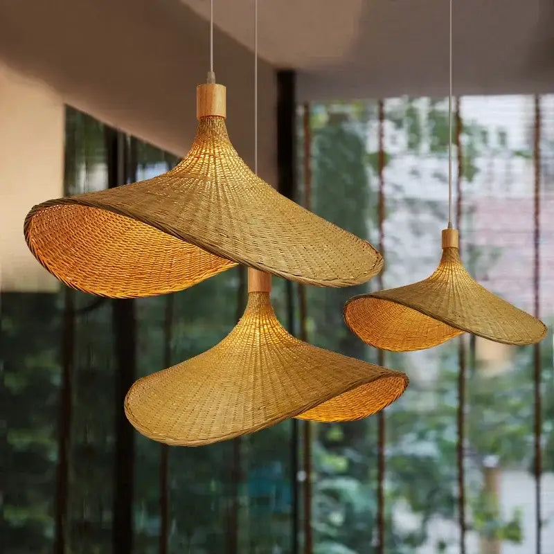 Natural light brown bamboo wicker chandelier pendant light with a golden woven bamboo design for dining room use