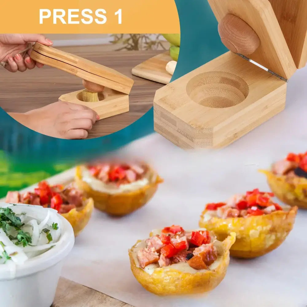 Natural light brown wooden banana smasher with rounded handle and circular chamber for meatball making and ricing