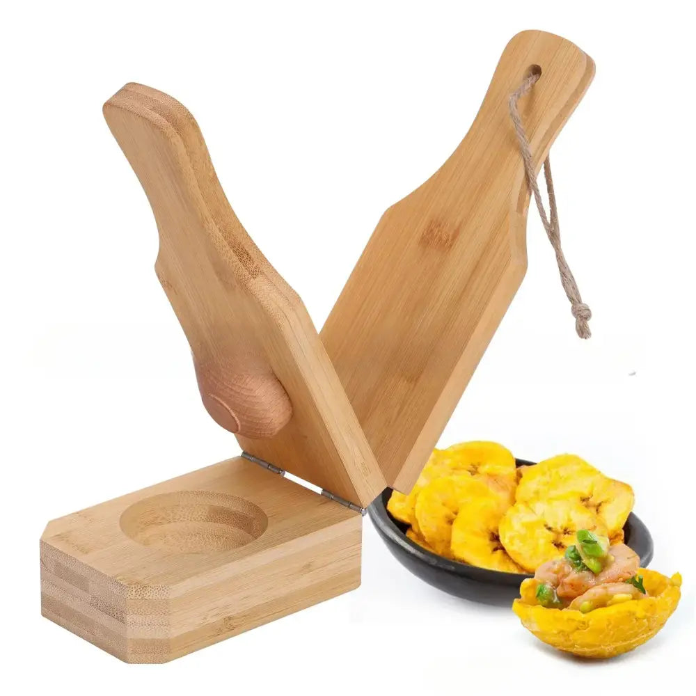 Natural light wood wooden banana smasher with rope handle and metal hinge for banana bread and meatball making