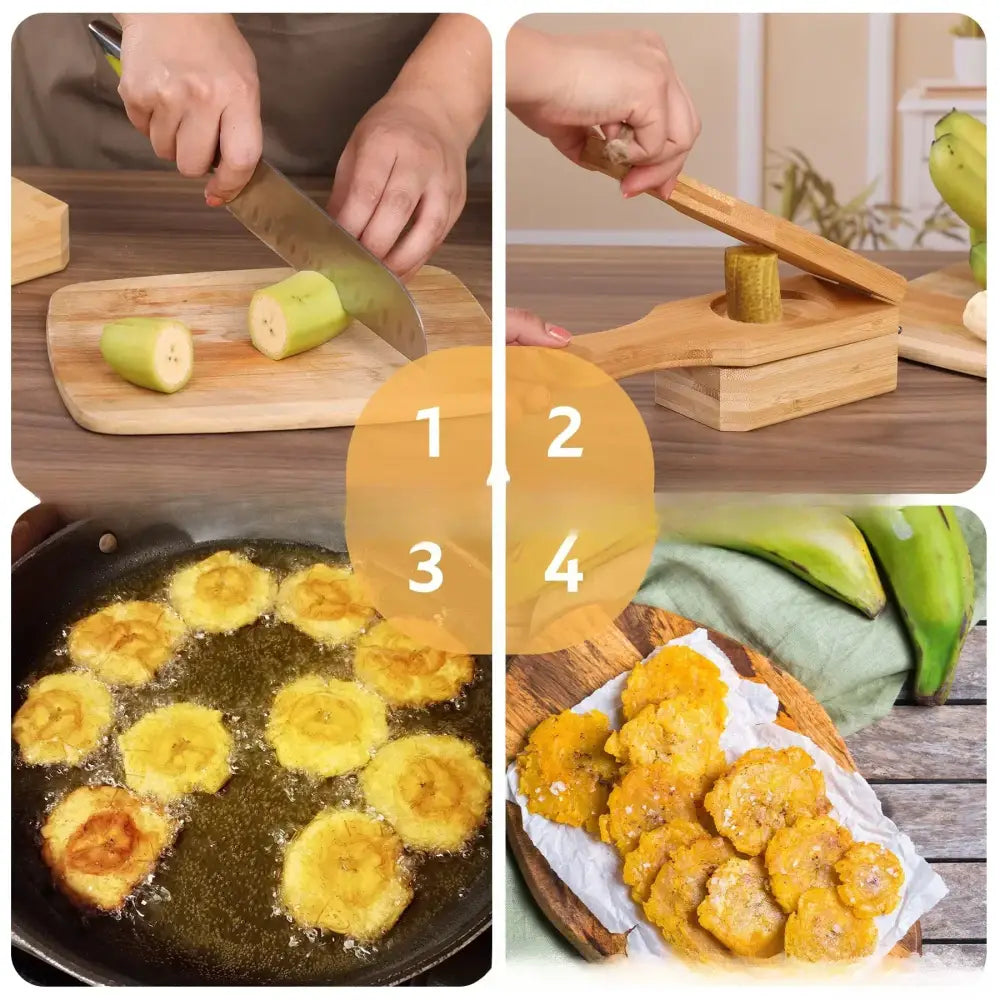Natural light wood banana smasher kitchen tool shown with golden crispy plantain slices on parchment-lined wooden board