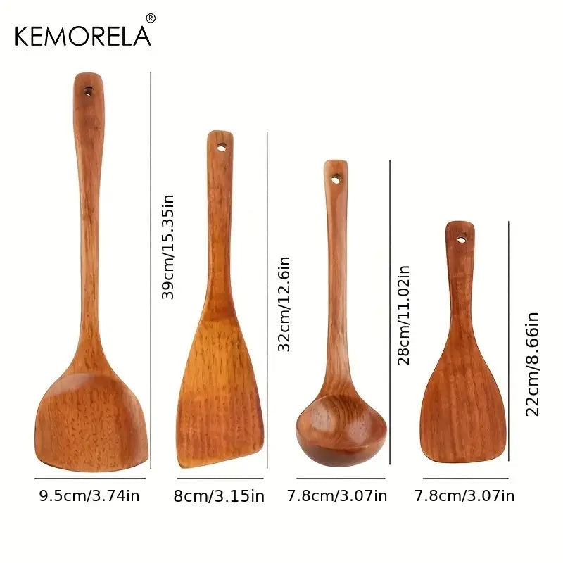 Natural polished 4-piece wooden kitchen utensil set in warm brown tones featuring varied shapes and natural wood grain