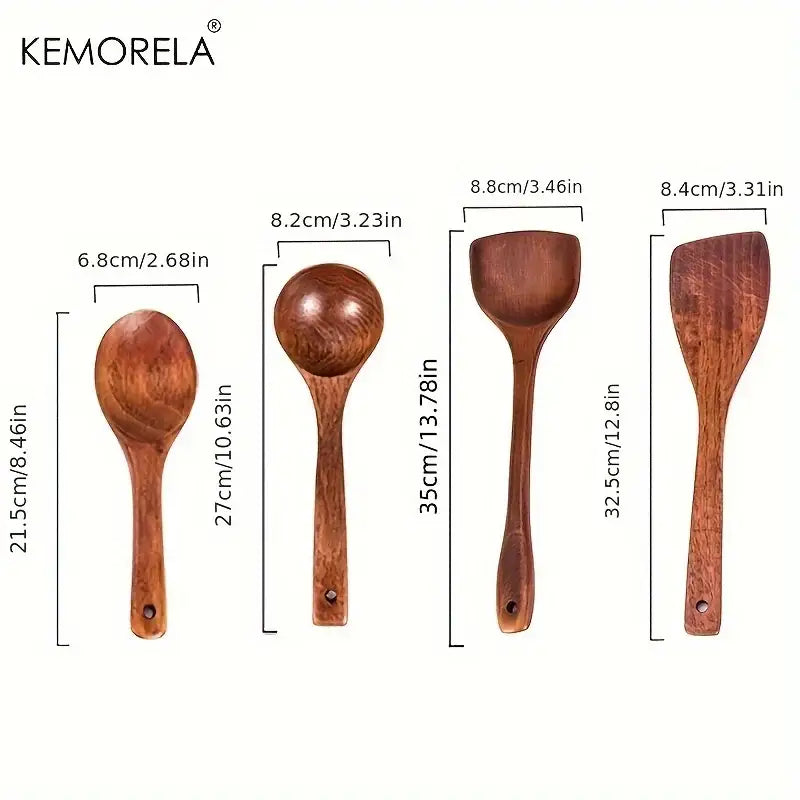 Natural polished 4-piece wooden kitchen utensil set with rich brown tones and smooth polished surfaces including spoons and spatulas