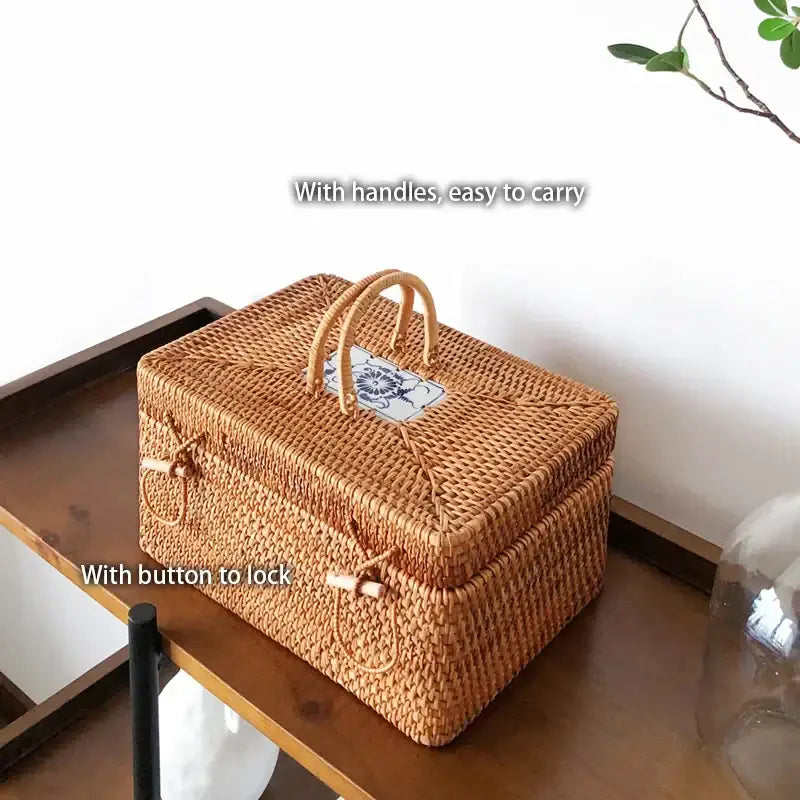 Natural tan handwoven rattan storage box with ceramic tile lid and handles by decorbites for kitchen use
