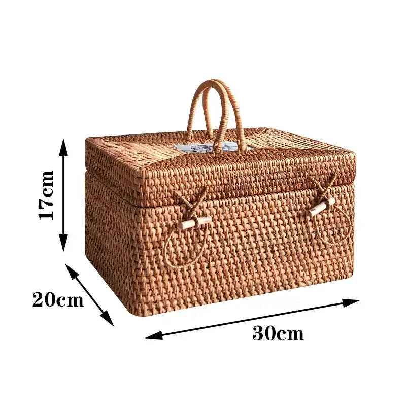 Natural tan handwoven rattan storage box with ceramic lid and curved handles perfect for kitchen decorbites storage