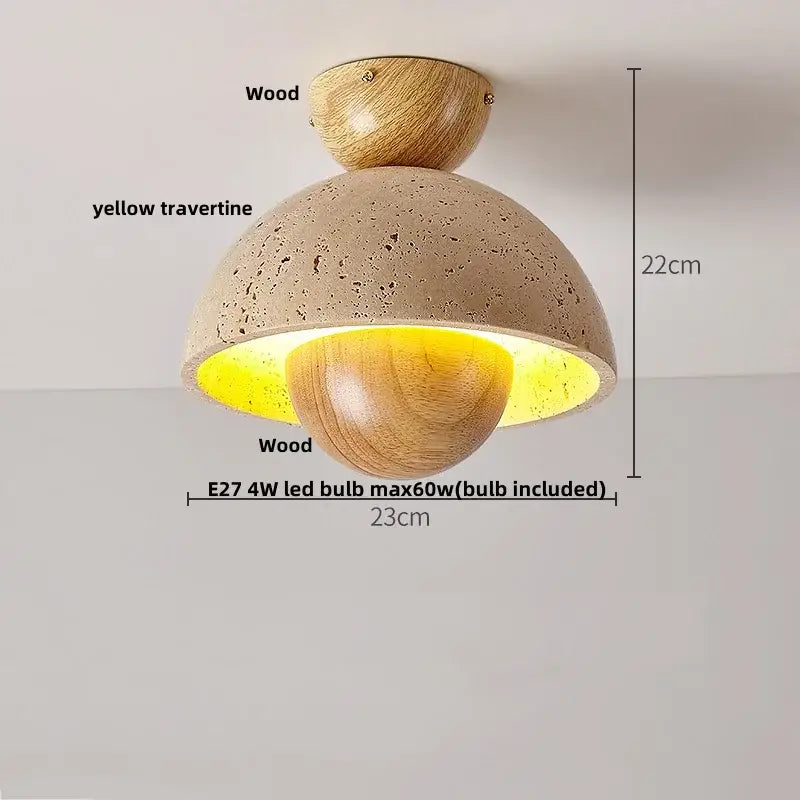 A modern ceiling light with a textured yellow travertine dome and wooden accents featuring an integrated ellipse stone led bulb