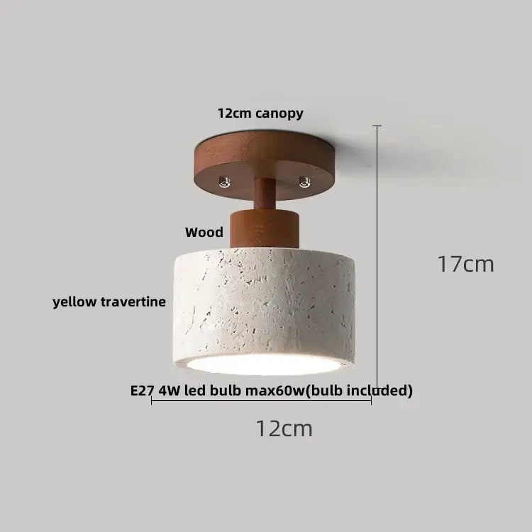 A modern ceiling light with warm wood canopy and textured yellow travertine ellipse stone led for bedroom decorbites ellipse stone