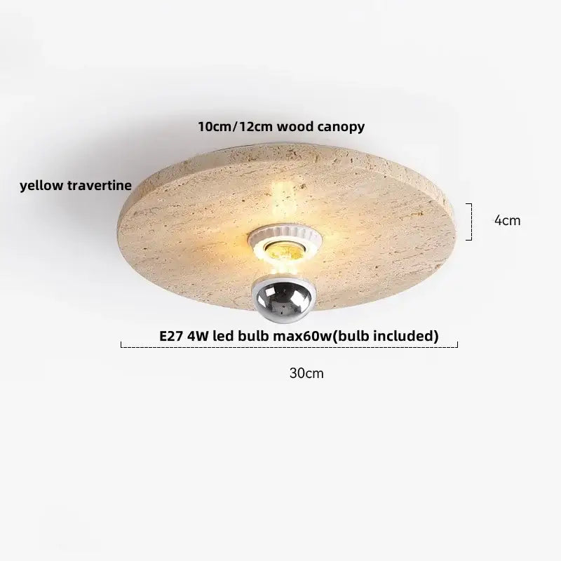 Natural travertine ellipse stone led ceiling light with yellow travertine wood canopy and metallic bulb holder for decorbites ellipse stone decor