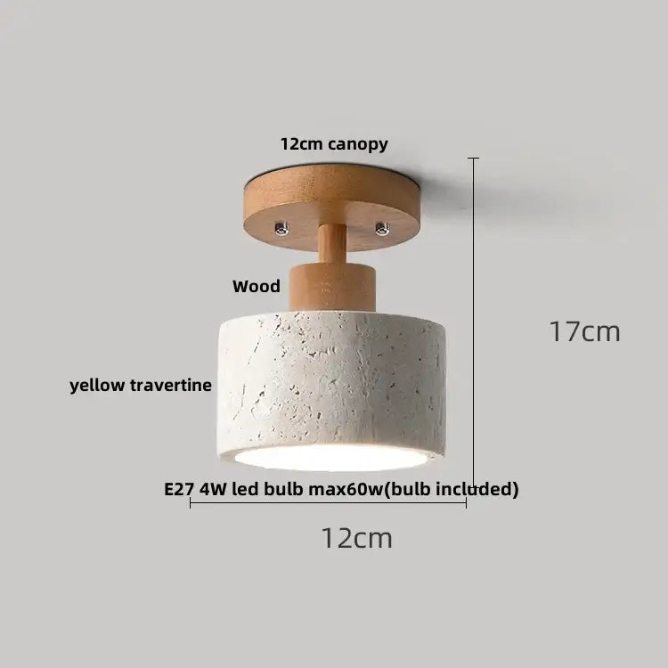 A modern ceiling light with a wooden canopy and yellow travertine ellipse stone led shade for bedroom decorbites decor