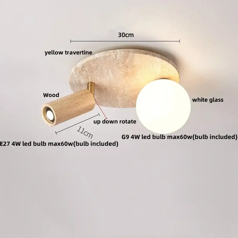 Natural travertine ellipse stone led ceiling light with yellow travertine base wooden arm and white glass globe for decorbites ellipse stone decor