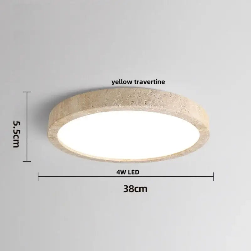 Natural travertine ellipse stone led ceiling light with textured yellow ring and bright white center for bedroom decorbites decor