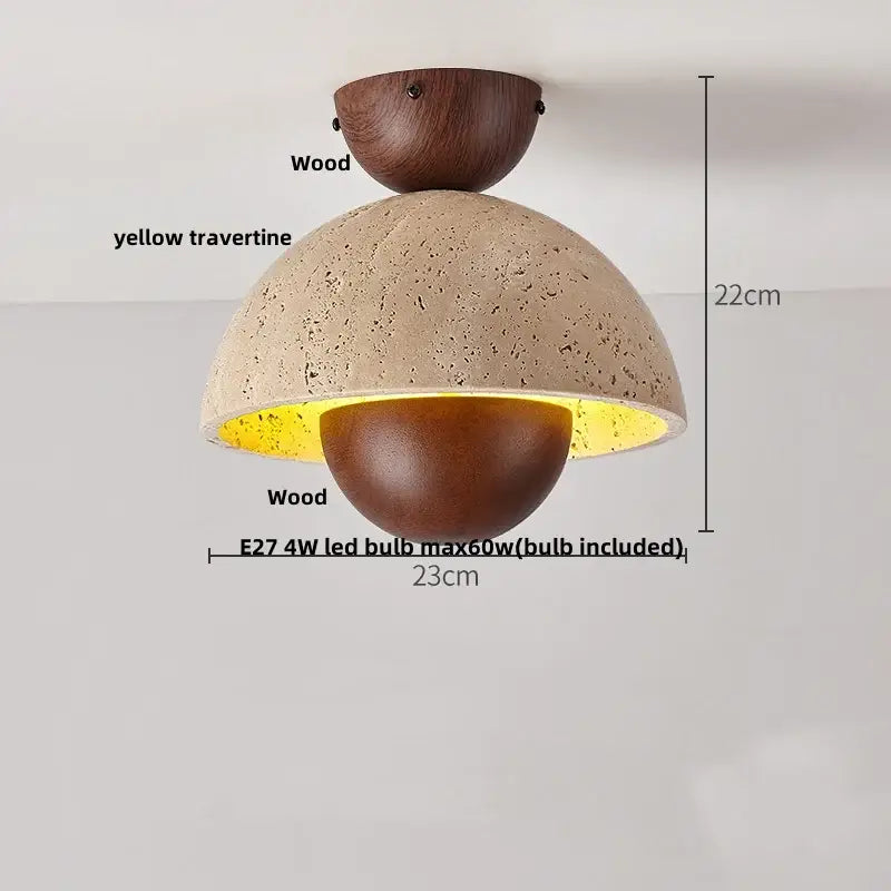 Natural travertine ellipse stone led ceiling light with warm wood and yellow travertine dome for modern decorbites ellipse stone decor