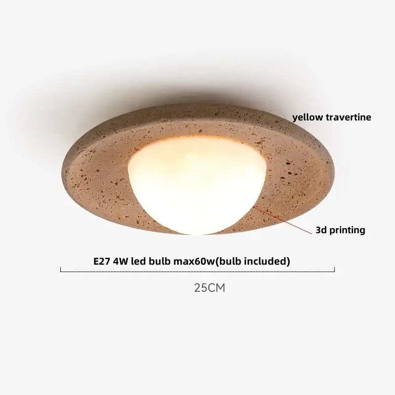 Natural travertine ellipse stone led ceiling light with a yellow textured surface and frosted glass diffuser for decorbites ellipse stone decor