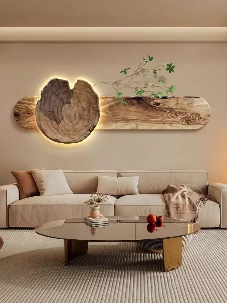 Natural wood backlit tree wall lamp painting with circular slice and plank for bedroom wall lamp or sofa set decor