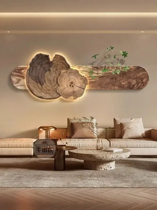 Natural wood backlit tree wall lamp painting with circular cross-sections and greenery accents for bedroom or sofa set decor