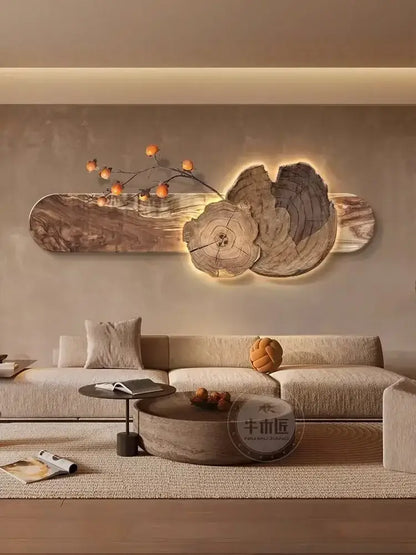Rustic natural wood backlit wall lamp painting with orange branch decor for bedroom wall lamp or sofa set ambiance