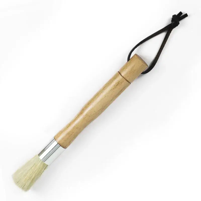 Natural wood coffee grinder cleaner brush with light wood handle silver ferrule natural bristles and black hanging cord