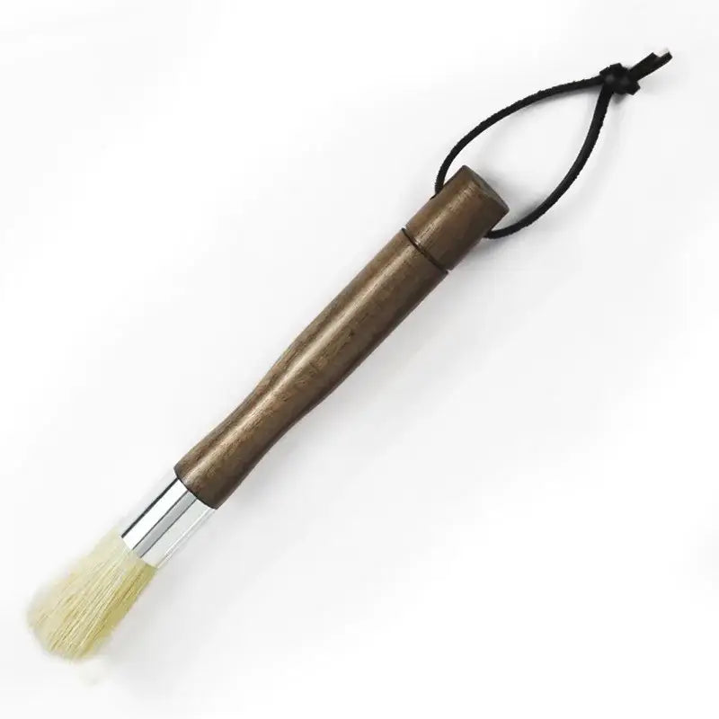 Natural wood coffee grinder cleaner brush with wooden handle silver ferrule light bristles and black cord loop