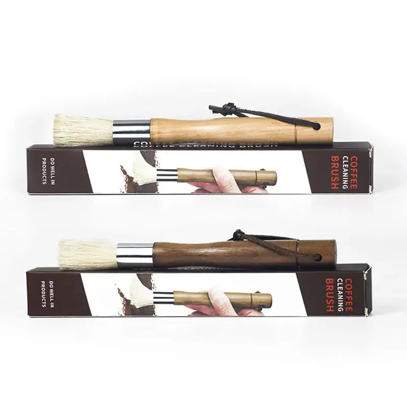 Natural wood coffee grinder cleaner brush with wooden handle, natural bristles, and metallic ferrule for decorbites coffee grinder