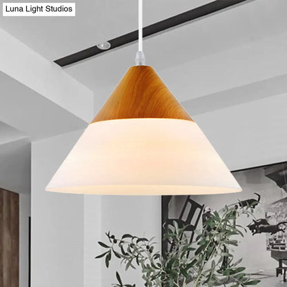 Natural Wood Cone Milk Glass Suspension Pendant Light - Modern 1-Light Fixture (5"/7.5"/10.5" Wide)